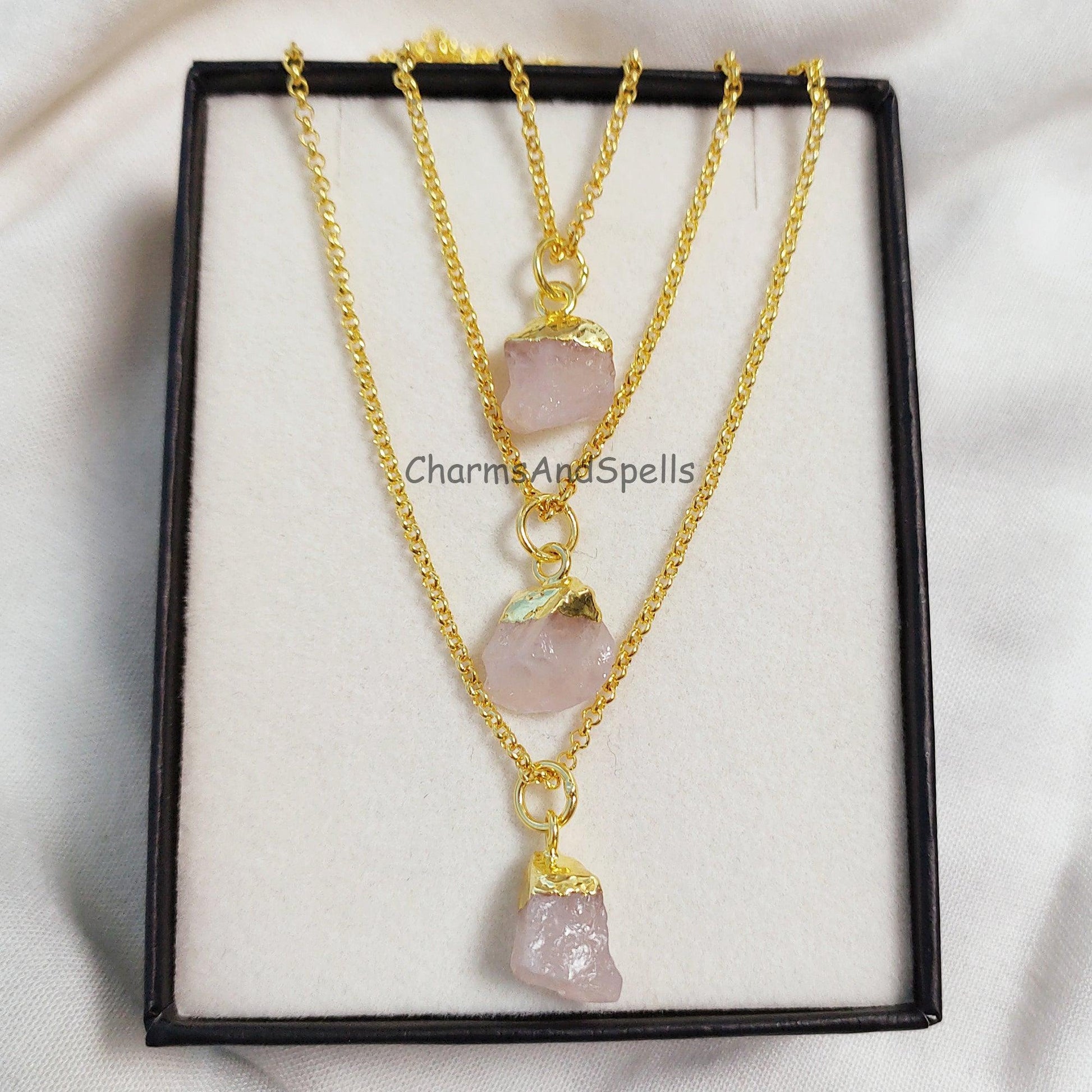 Natural Rose Quartz Necklace, Gold Plated Necklace, Raw Rose Quartz Necklace, Raw Crystal Necklace, Gemstone Pendant, Necklaces For Women - Charms And Spells