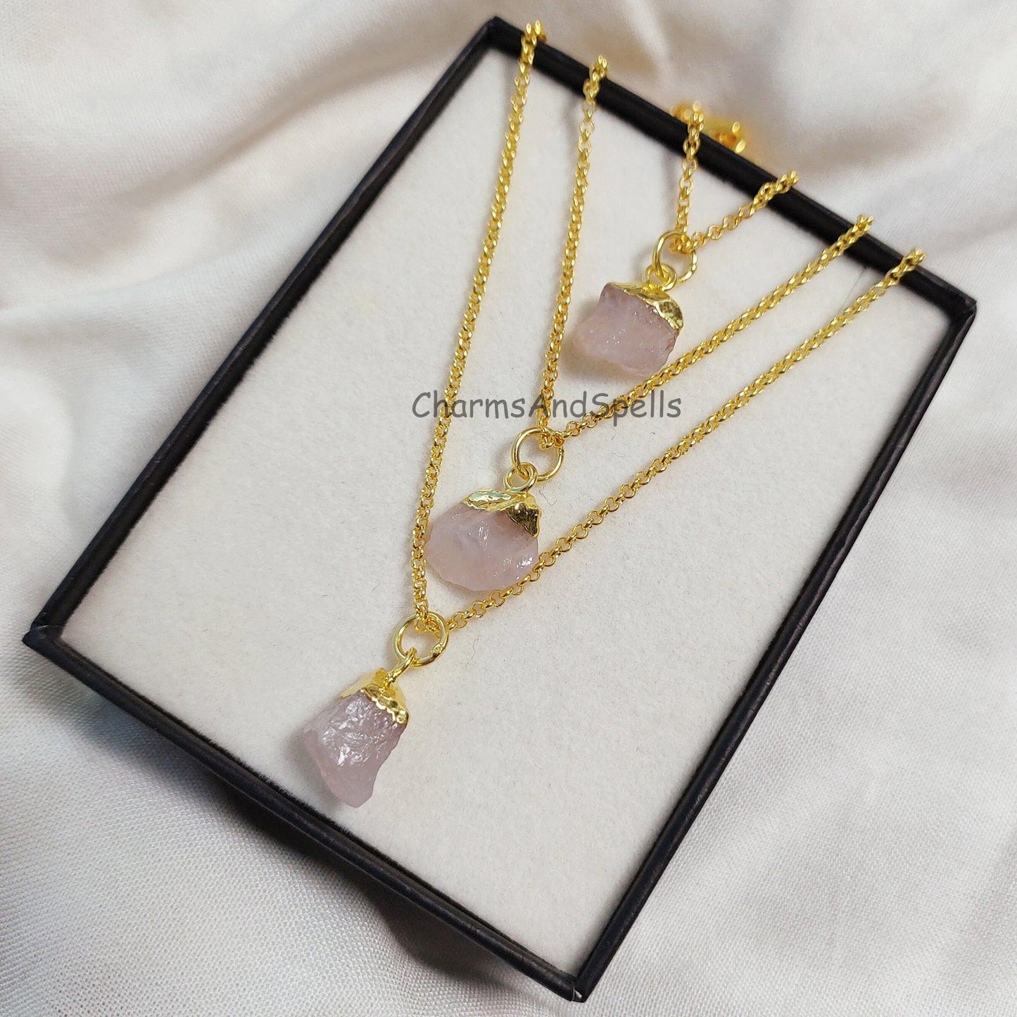 Natural Rose Quartz Necklace, Gold Plated Necklace, Raw Rose Quartz Necklace, Raw Crystal Necklace, Gemstone Pendant, Necklaces For Women - Charms And Spells