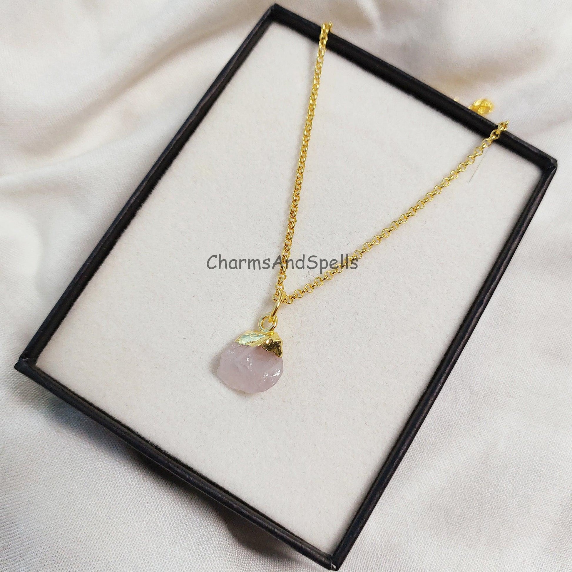 Natural Rose Quartz Necklace, Gold Plated Necklace, Raw Rose Quartz Necklace, Raw Crystal Necklace, Gemstone Pendant, Necklaces For Women - Charms And Spells