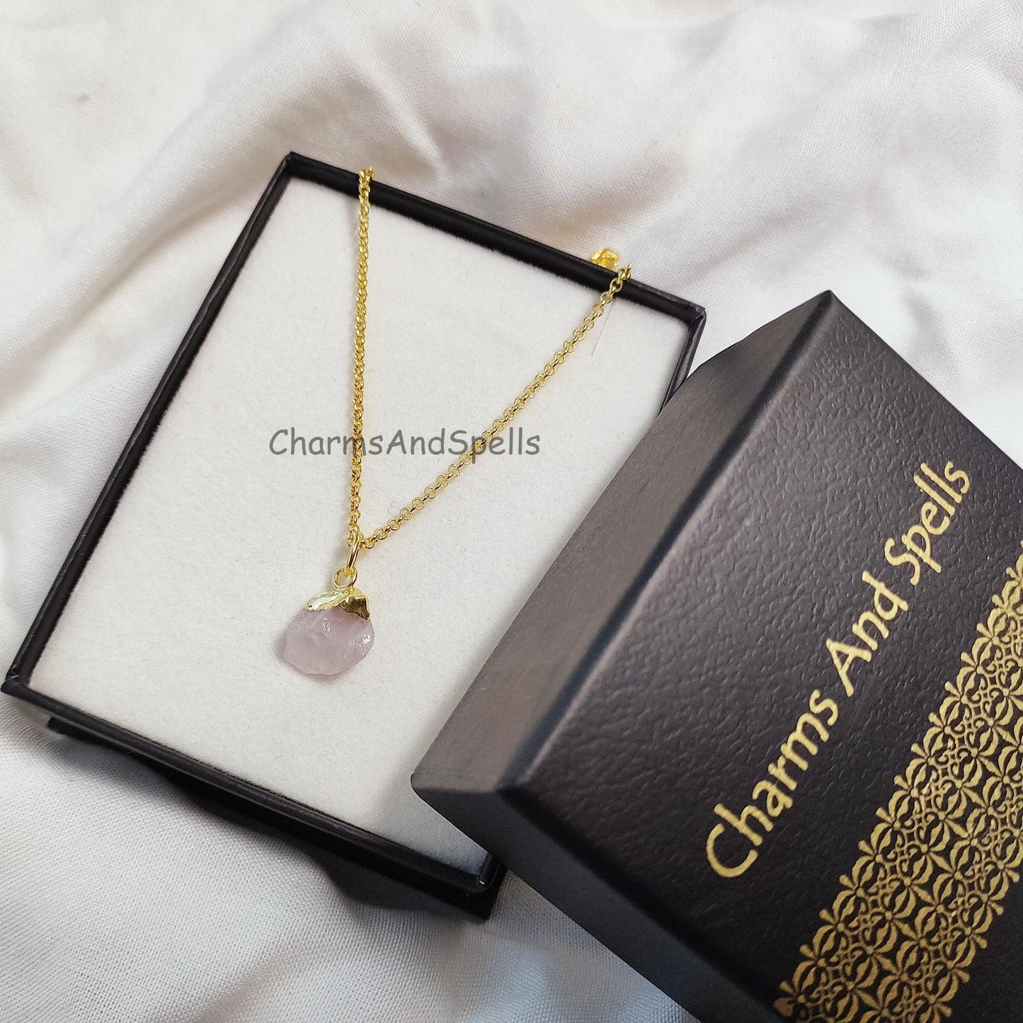 Natural Rose Quartz Necklace, Gold Plated Necklace, Raw Rose Quartz Necklace, Raw Crystal Necklace, Gemstone Pendant, Necklaces For Women - Charms And Spells