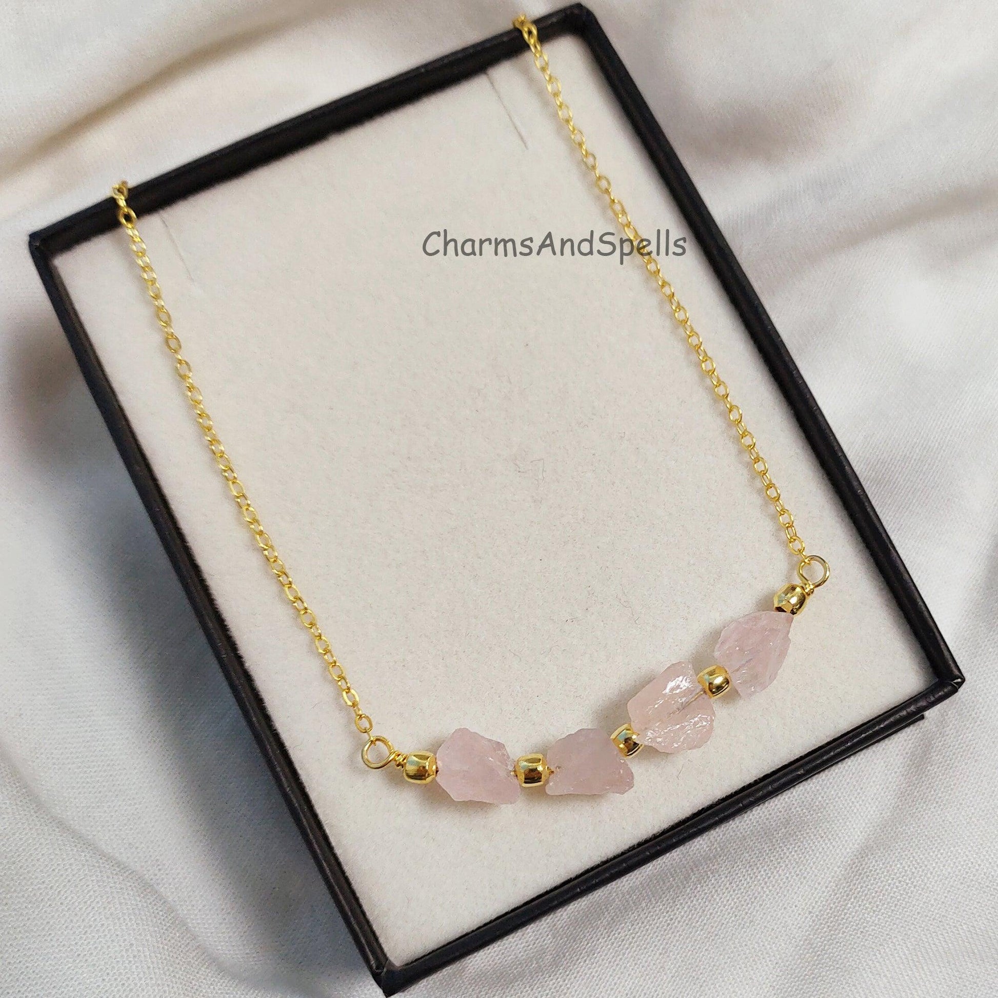 Natural Rough Rose Quartz Necklace, Gold Plated Necklace, October Birthstone Necklace, Beaded Necklace, Healing Crystal Necklace, Love Gift - Charms And Spells