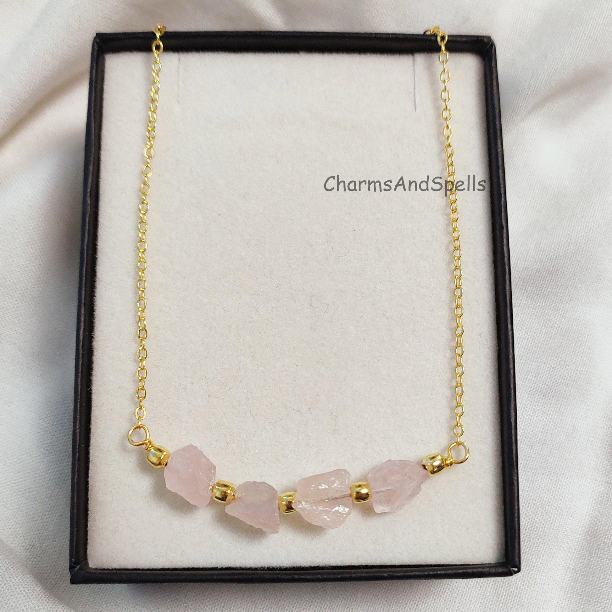 Natural Rough Rose Quartz Necklace, Gold Plated Necklace, October Birthstone Necklace, Beaded Necklace, Healing Crystal Necklace, Love Gift - Charms And Spells