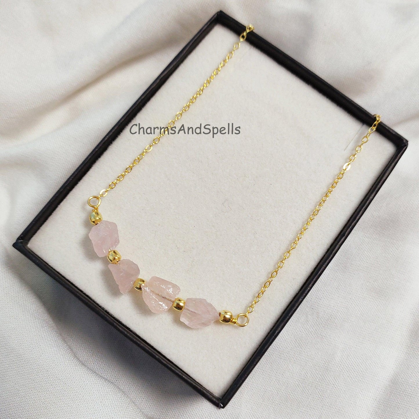 Natural Rough Rose Quartz Necklace, Gold Plated Necklace, October Birthstone Necklace, Beaded Necklace, Healing Crystal Necklace, Love Gift - Charms And Spells