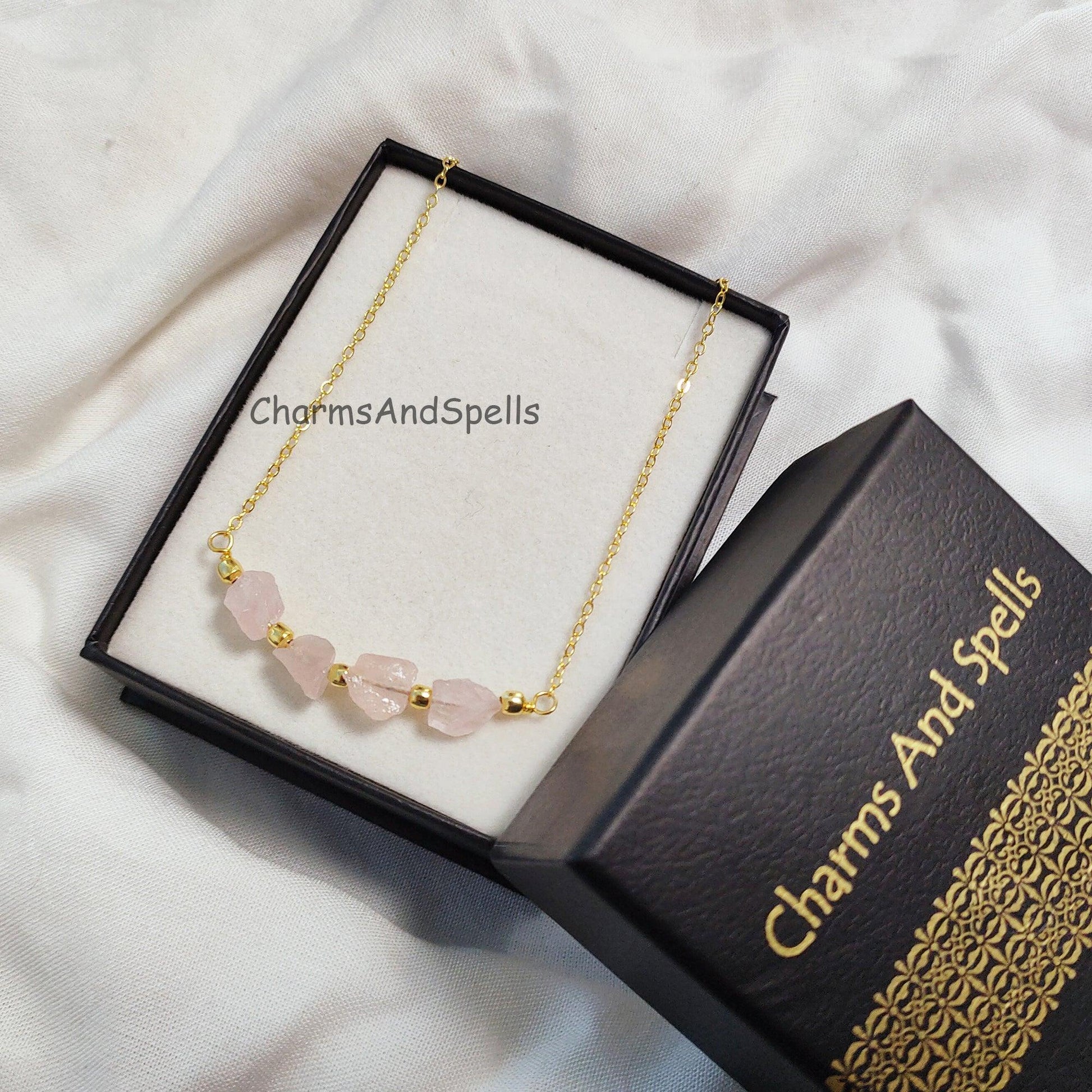 Natural Rough Rose Quartz Necklace, Gold Plated Necklace, October Birthstone Necklace, Beaded Necklace, Healing Crystal Necklace, Love Gift - Charms And Spells