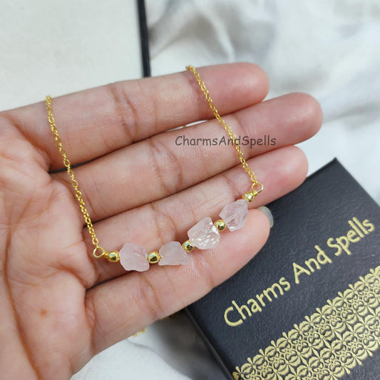 Natural Rough Rose Quartz Necklace, Gold Plated Necklace, October Birthstone Necklace, Beaded Necklace, Healing Crystal Necklace, Love Gift - Charms And Spells