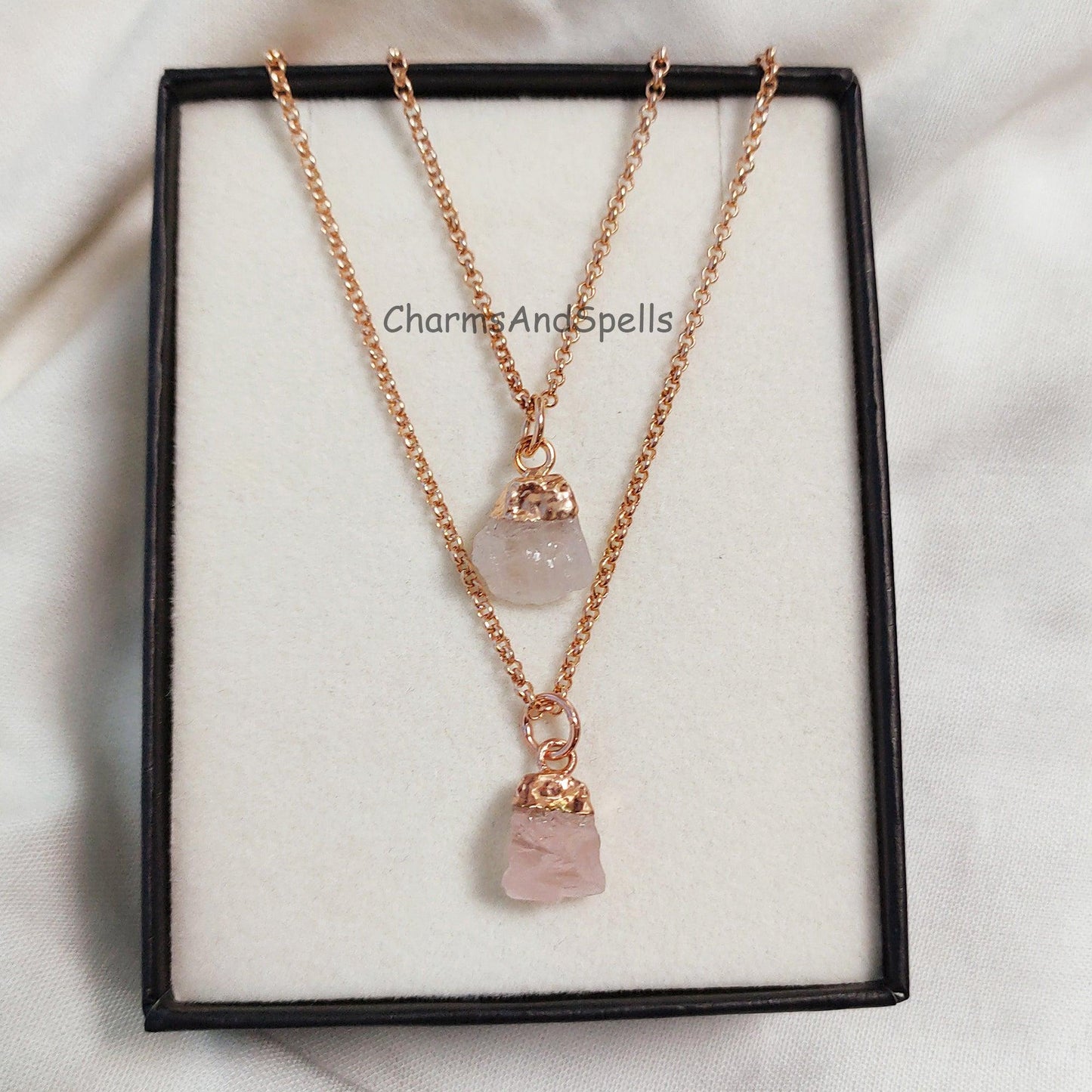 Natural Rose Quartz Necklace, Raw Rose Quartz Pendant, Rose Gold Plated Necklace, Raw Crystal Necklace, Gemstone Pendant, Necklace For Women - Charms And Spells