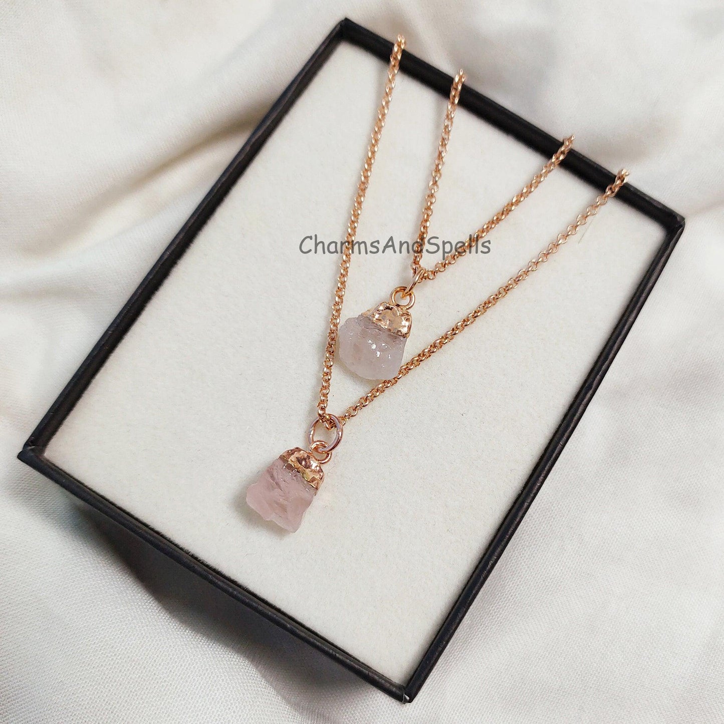 Natural Rose Quartz Necklace, Raw Rose Quartz Pendant, Rose Gold Plated Necklace, Raw Crystal Necklace, Gemstone Pendant, Necklace For Women - Charms And Spells