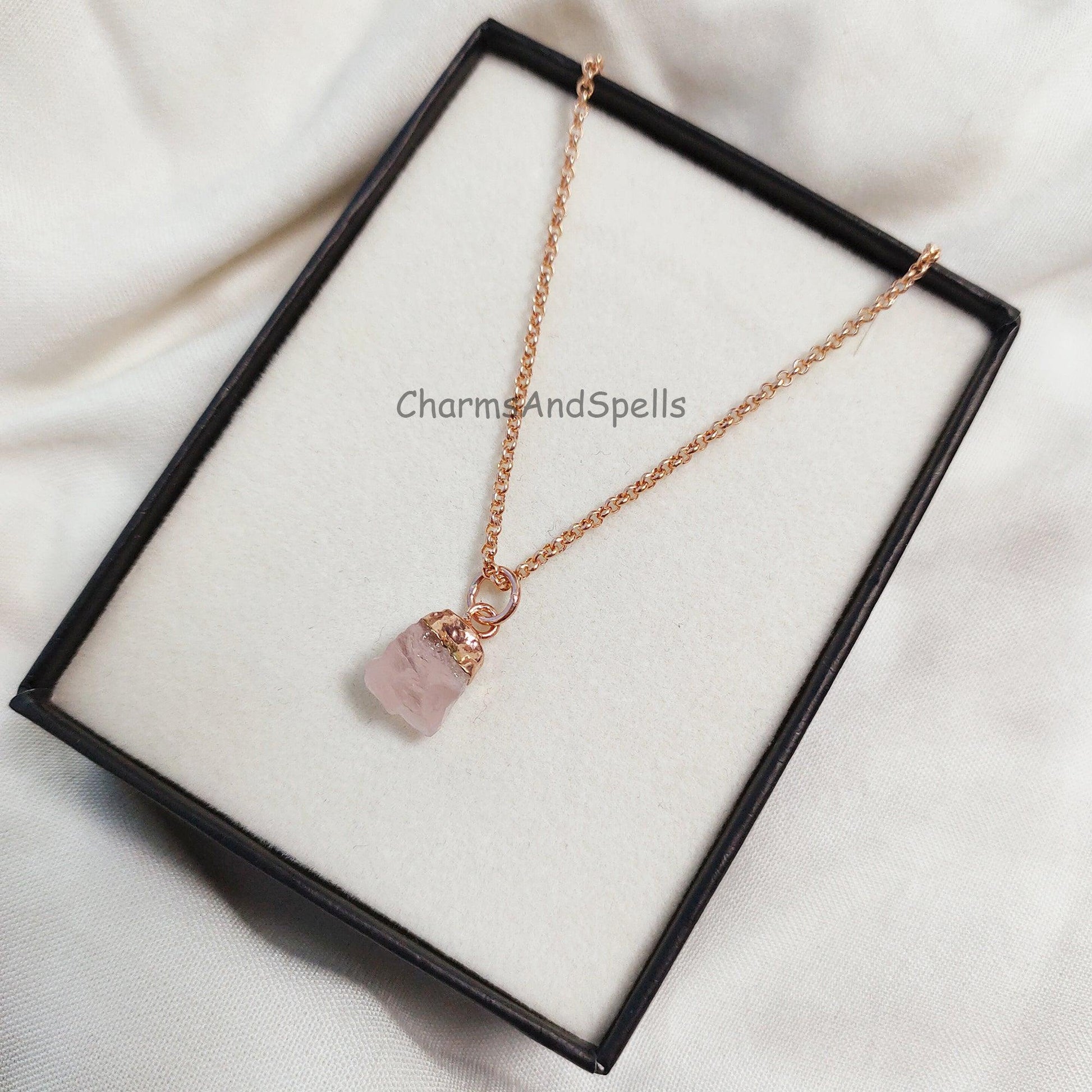 Natural Rose Quartz Necklace, Raw Rose Quartz Pendant, Rose Gold Plated Necklace, Raw Crystal Necklace, Gemstone Pendant, Necklace For Women - Charms And Spells