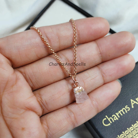 Natural Rose Quartz Necklace, Raw Rose Quartz Pendant, Rose Gold Plated Necklace, Raw Crystal Necklace, Gemstone Pendant, Necklace For Women - Charms And Spells