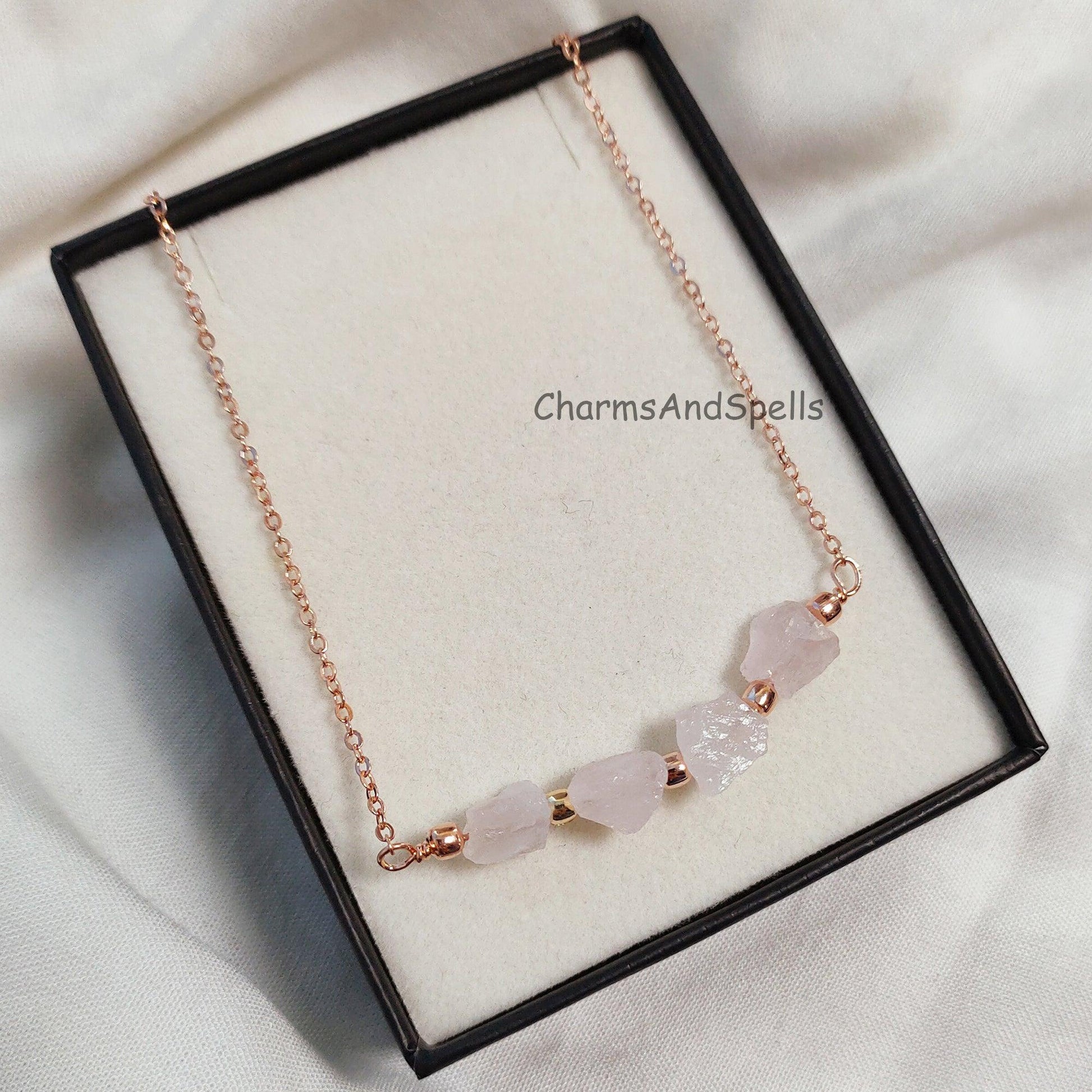 Natural Rose Quartz Necklace, Rose Gold Plated Necklace, Crystal Choker Necklace, Positive Energy Jewelry, Gemstone Necklace, Boho Jewelry - Charms And Spells