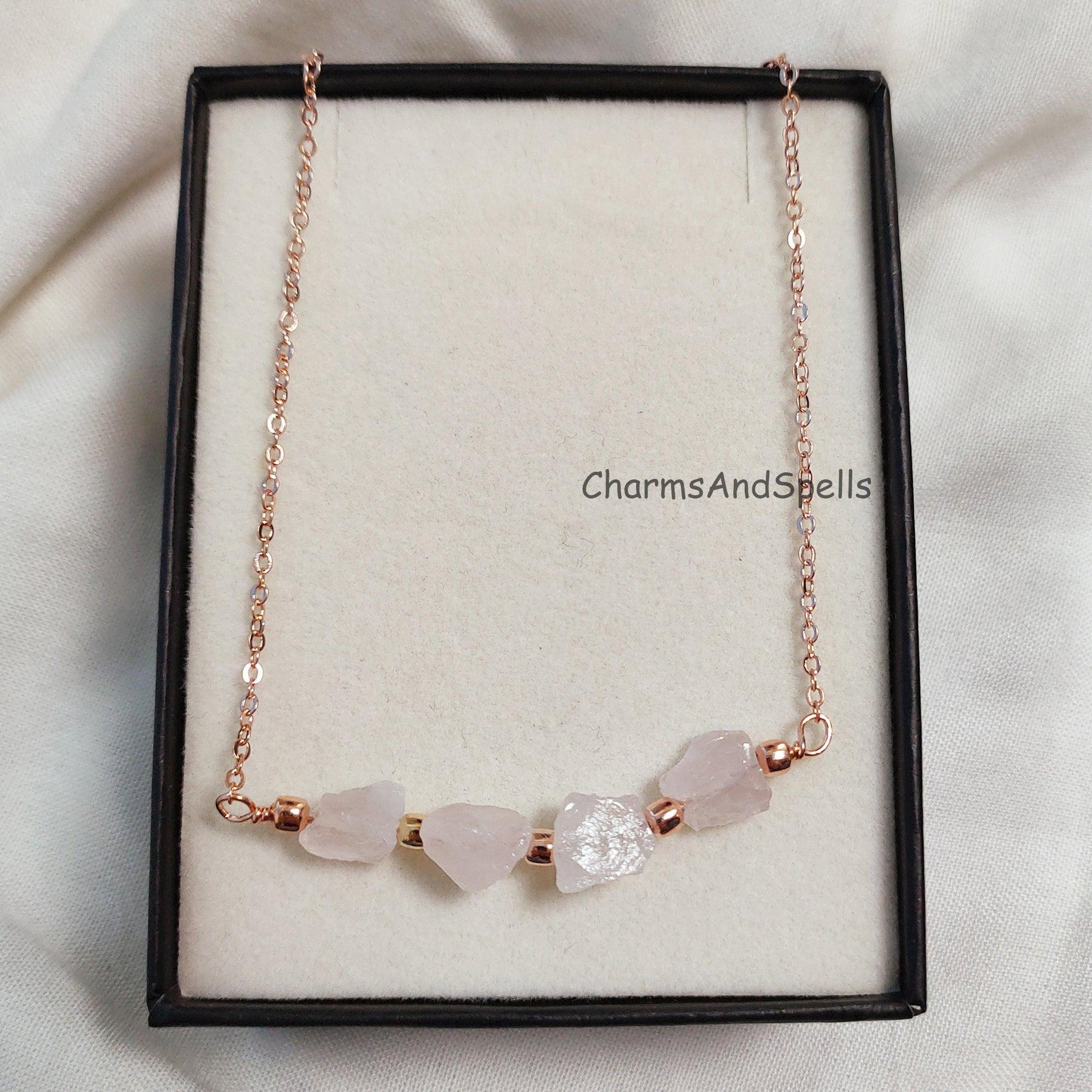 Natural Rose Quartz Necklace, Rose Gold Plated Necklace, Crystal Choker Necklace, Positive Energy Jewelry, Gemstone Necklace, Boho Jewelry - Charms And Spells