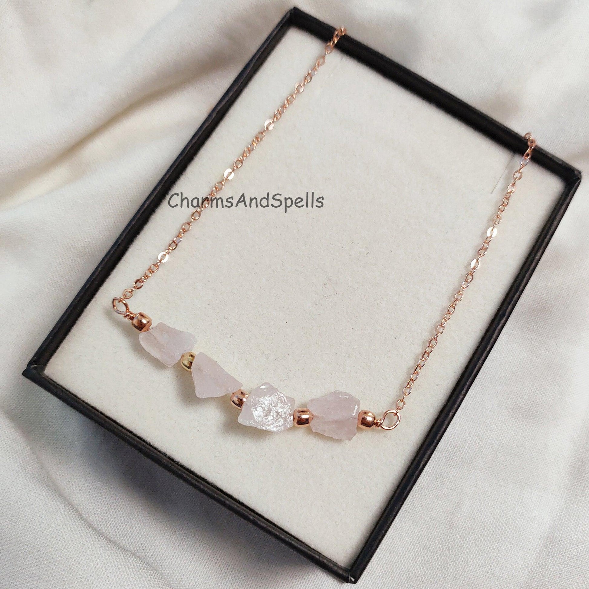 Natural Rose Quartz Necklace, Rose Gold Plated Necklace, Crystal Choker Necklace, Positive Energy Jewelry, Gemstone Necklace, Boho Jewelry - Charms And Spells