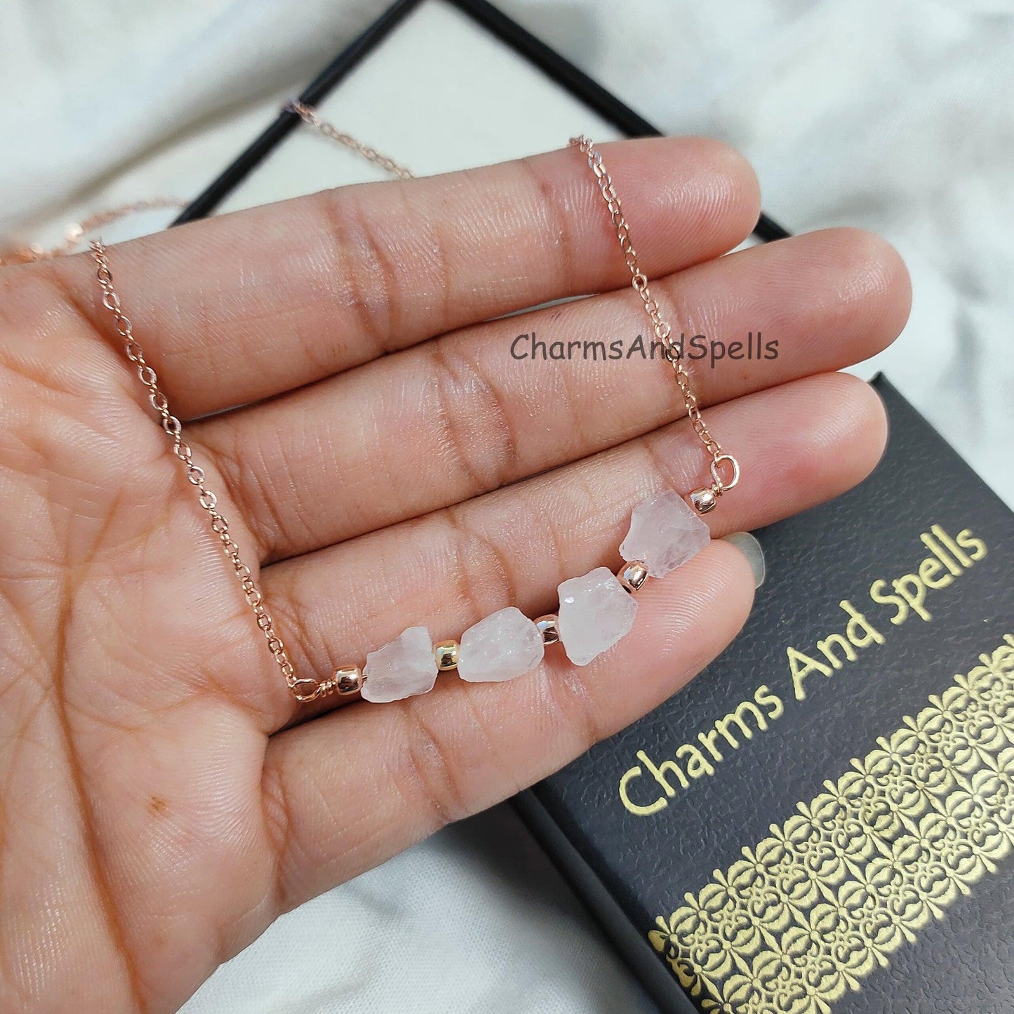 Natural Rose Quartz Necklace, Rose Gold Plated Necklace, Crystal Choker Necklace, Positive Energy Jewelry, Gemstone Necklace, Boho Jewelry - Charms And Spells