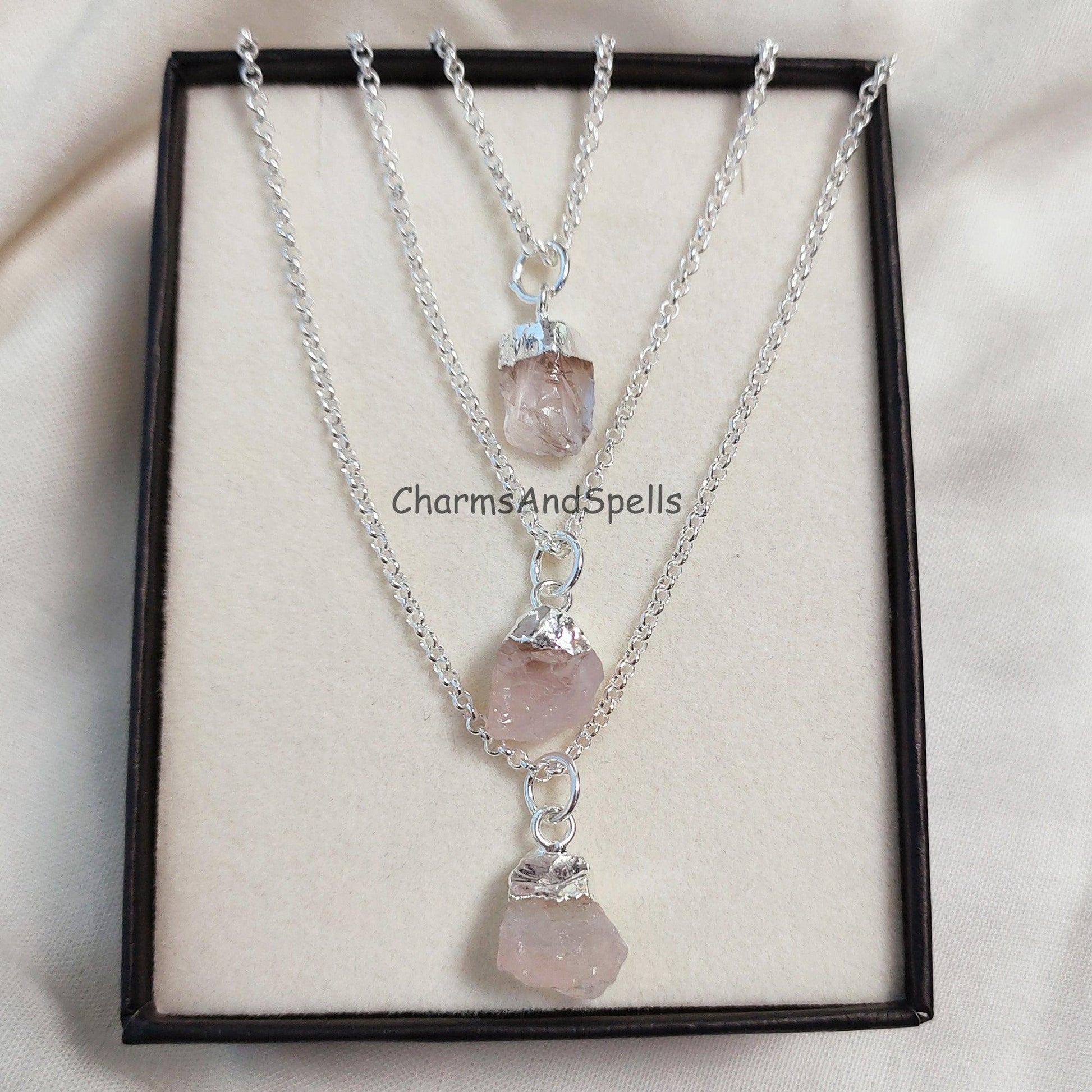 Raw Rose Quartz Necklace, Love Necklace,Rose Quartz Pendant, Heart Chakra, Healing Crystal Necklace, Gemstone Pendant, Silver Plated Necklace - Charms And Spells