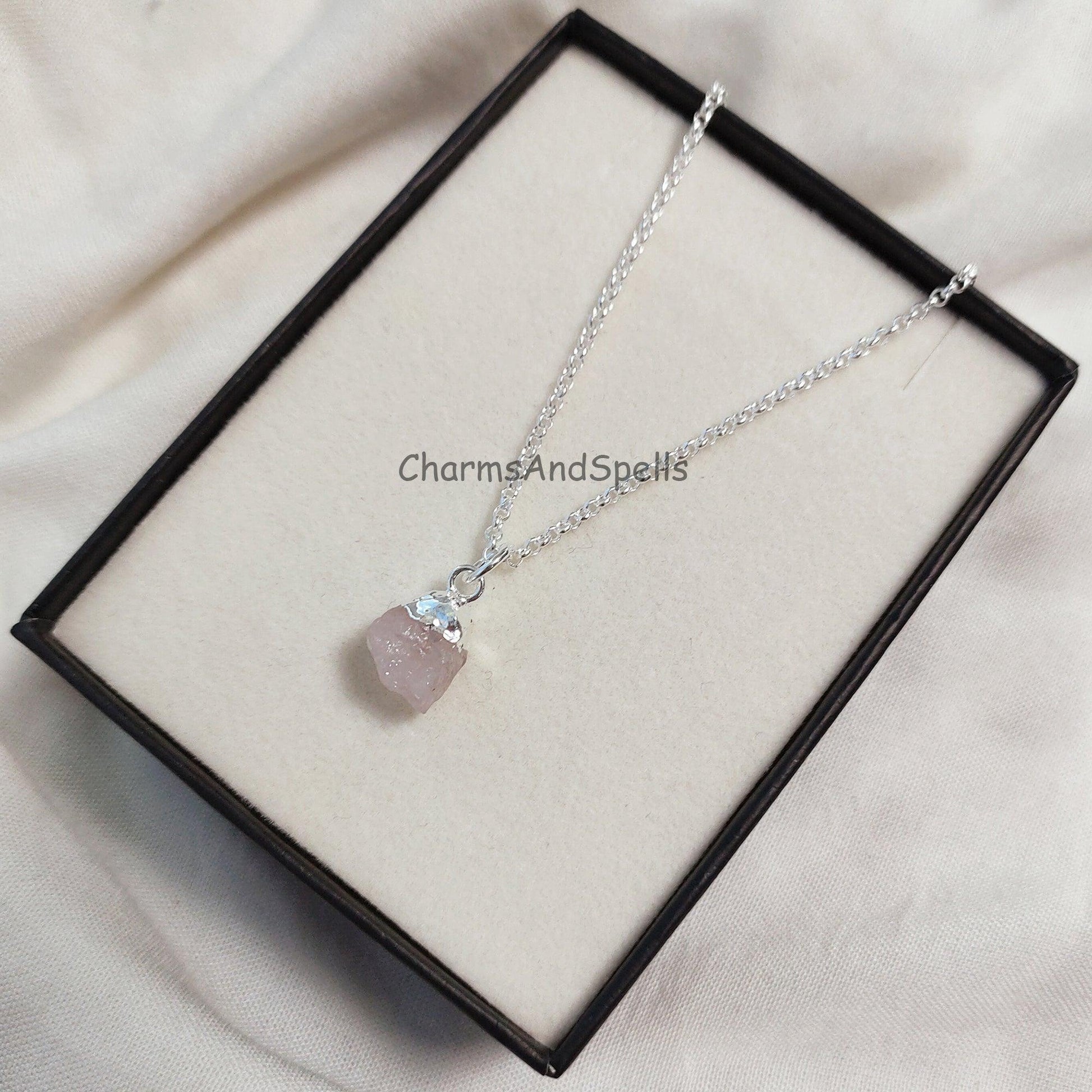 Raw Rose Quartz Necklace, Love Necklace,Rose Quartz Pendant, Heart Chakra, Healing Crystal Necklace, Gemstone Pendant, Silver Plated Necklace - Charms And Spells