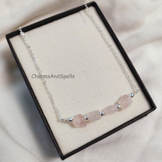 Rose Quartz Bar Necklace, Raw Rose Quartz Necklace, Gemstone Bar Necklace, Healing Rose Quartz Jewelry, October Birthstone Necklace For Her - Charms And Spells