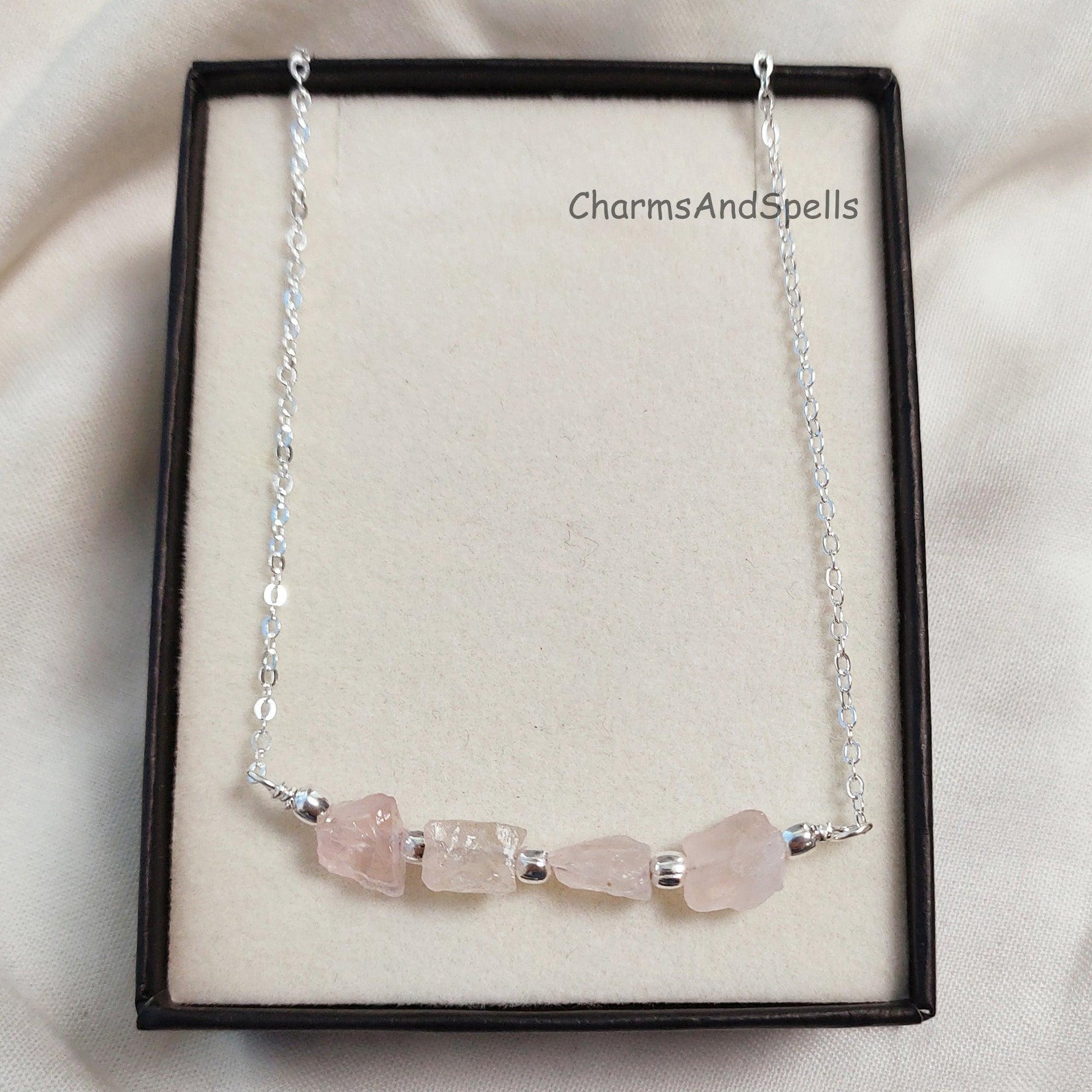 Rose Quartz Bar Necklace, Raw Rose Quartz Necklace, Gemstone Bar Necklace, Healing Rose Quartz Jewelry, October Birthstone Necklace For Her - Charms And Spells