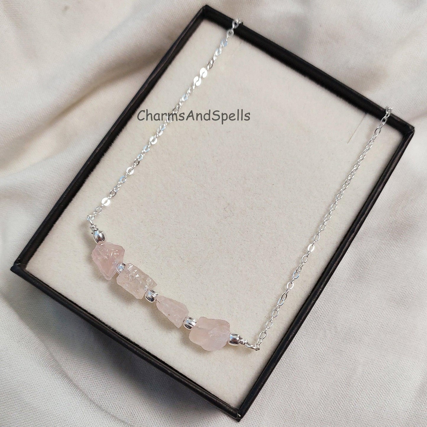 Rose Quartz Bar Necklace, Raw Rose Quartz Necklace, Gemstone Bar Necklace, Healing Rose Quartz Jewelry, October Birthstone Necklace For Her - Charms And Spells