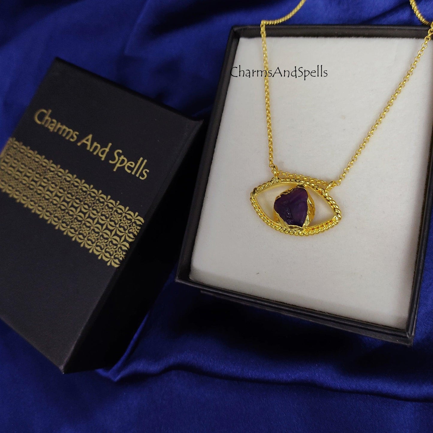 Natural Raw Amethyst Necklace, Evil Eye Pendant, Gold Plated Necklace, Gemstone Pendant, Amethyst Pendant, Designer Pendant Necklace, Gifts - Charms And Spells