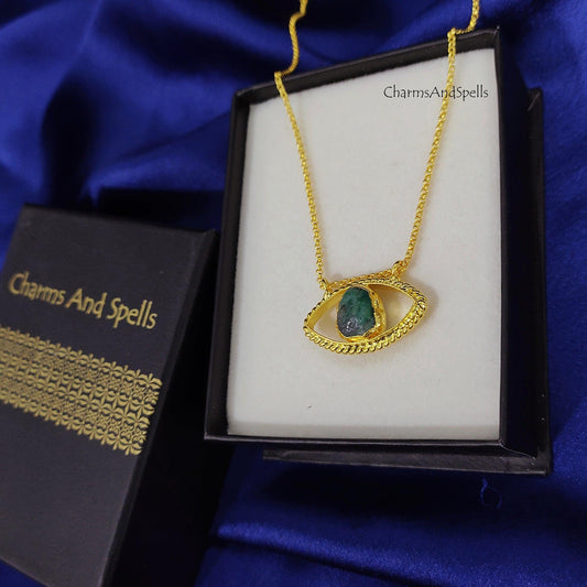 Natural Raw Emerald Necklace, Evil Eye Pendant, Designer Pendant, Gold Plated Bridesmaid Necklace, Gemstone Pendant, Evil Eye Jewelry, Gifts - Charms And Spells