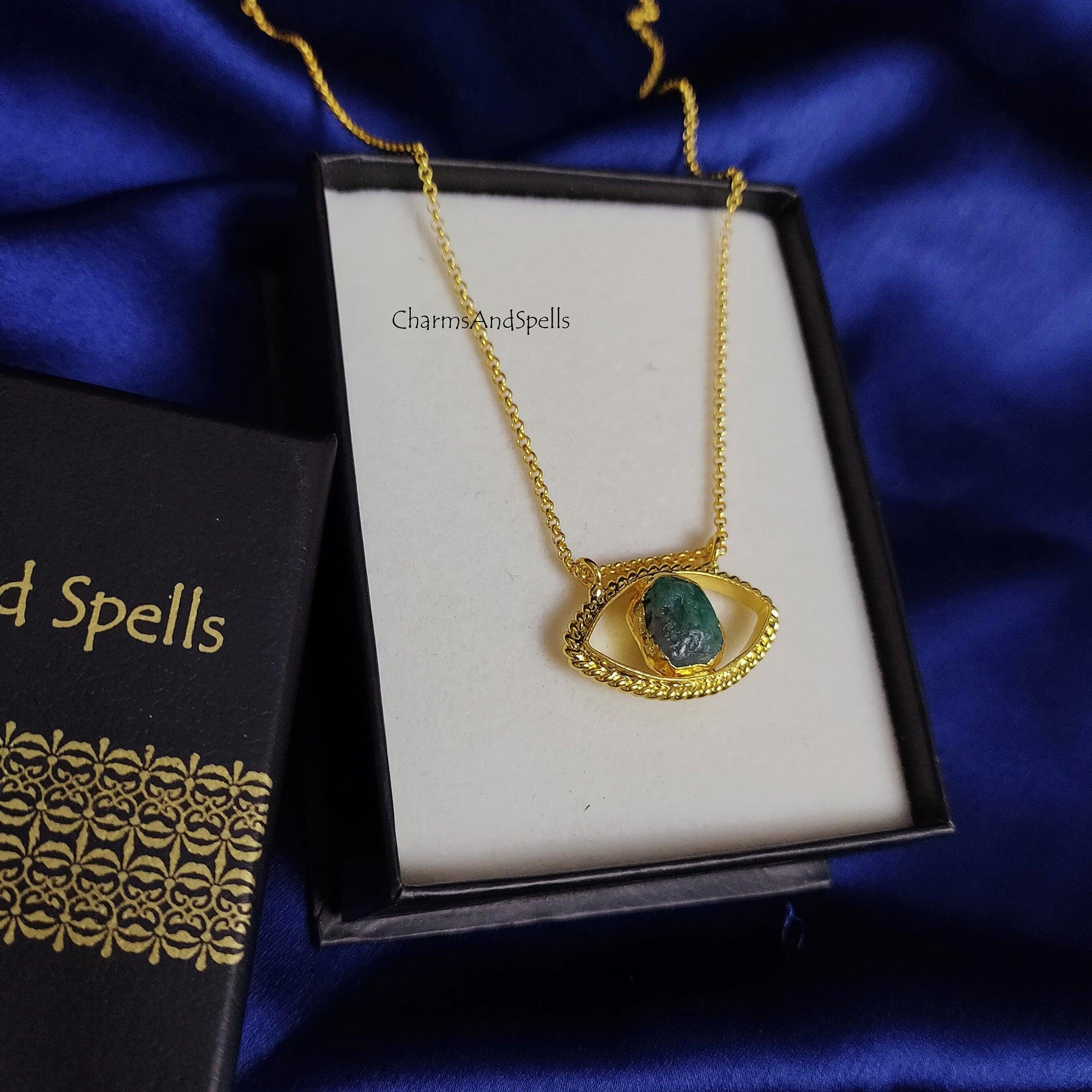 Natural Raw Emerald Necklace, Evil Eye Pendant, Designer Pendant, Gold Plated Bridesmaid Necklace, Gemstone Pendant, Evil Eye Jewelry, Gifts - Charms And Spells