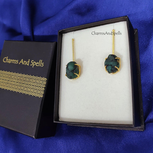 Natural Raw Emerald Earring, Gold Plated Earring, Raw Gemstone Earring, Prong Set Earring, Emerald Healing Crystal Jewelry, Gift For Sister - Charms And Spells