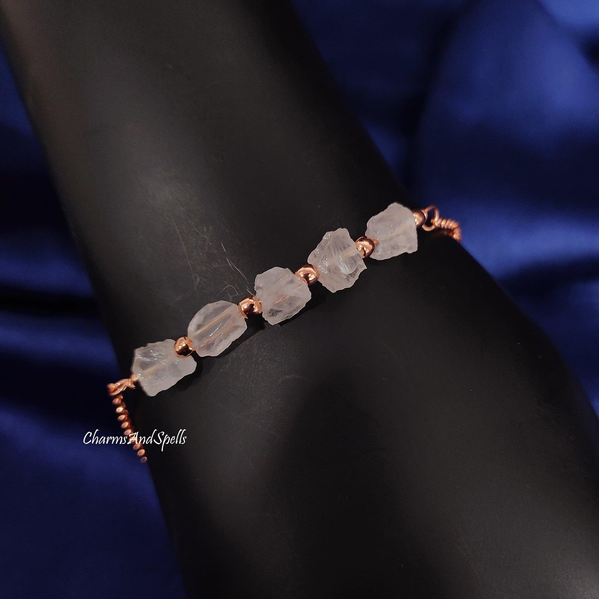 Rose Quartz Raw Beaded Bracelet, Uncut Raw Rough Beads Jewelry, Minimalist Bracelet, Energy Rose Quartz Crystal Gifts, Statement Bracelet - Charms And Spells