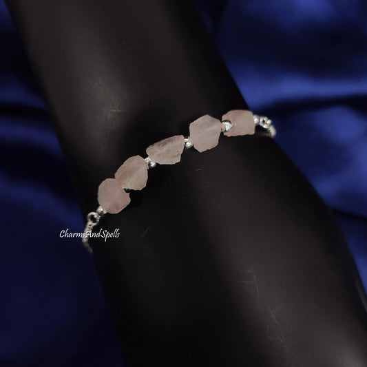 Natural Rough Rose Quartz Bracelet, Raw Nuggets Bracelet, Gemstone Bracelet, Birthstone Jewelry, Adjustable Bracelet, Designer Boho Jewelry - Charms And Spells