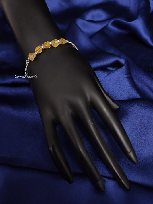 Raw Citrine Beads Bracelet, Silver Plated Bracelet, Adjustable Bracelet, Crystal Beads Bracelet, Gemstone Bracelet, Boho Beads Bracelet Gift - Charms And Spells