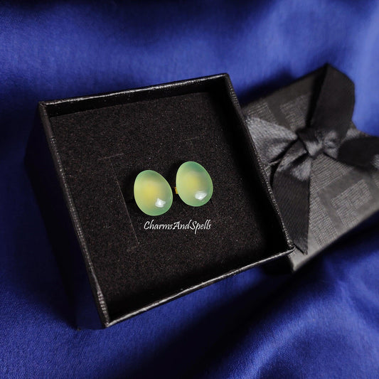 Green Chalcedony Earring, 14k Gold Plated Stud, Oval Shape Gemstone Earring, Chalcedony Stud Earrings, Gift For Her - Charms And Spells