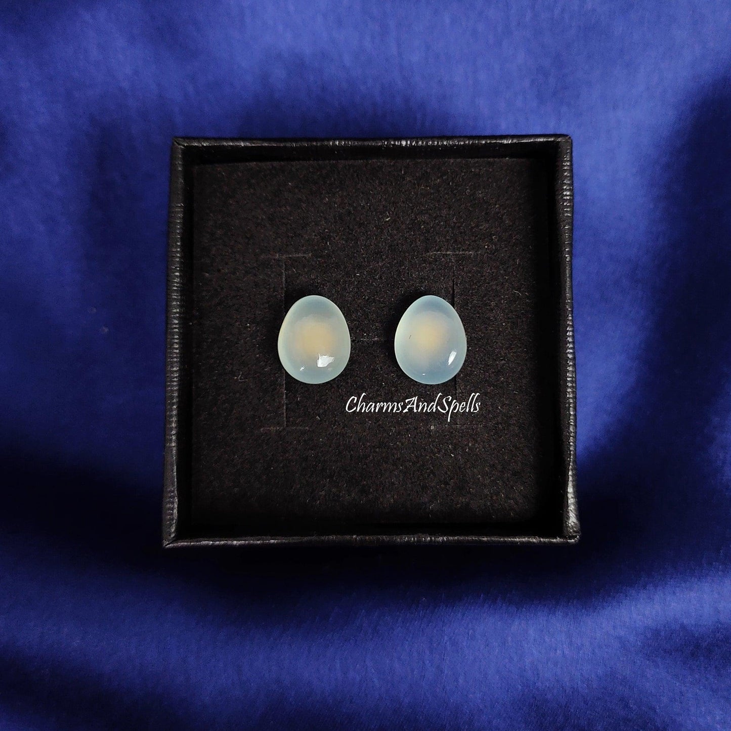 Aqua Chalcedony Stud earrings, 14K Gold Plated Stud, Oval Shape Gemstone Jewelry. Stud Earring, Chalcedony Stud, Gift For Woman - Charms And Spells