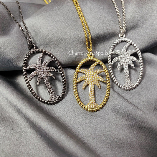 Unique Palm Tree CZ Necklace, Dainty Chain, Minimal Necklace, Palm Tree CZ Pendant, Palm Tree CZ Charm, Simple Necklace, Unique Gift For Her - Charms And Spells