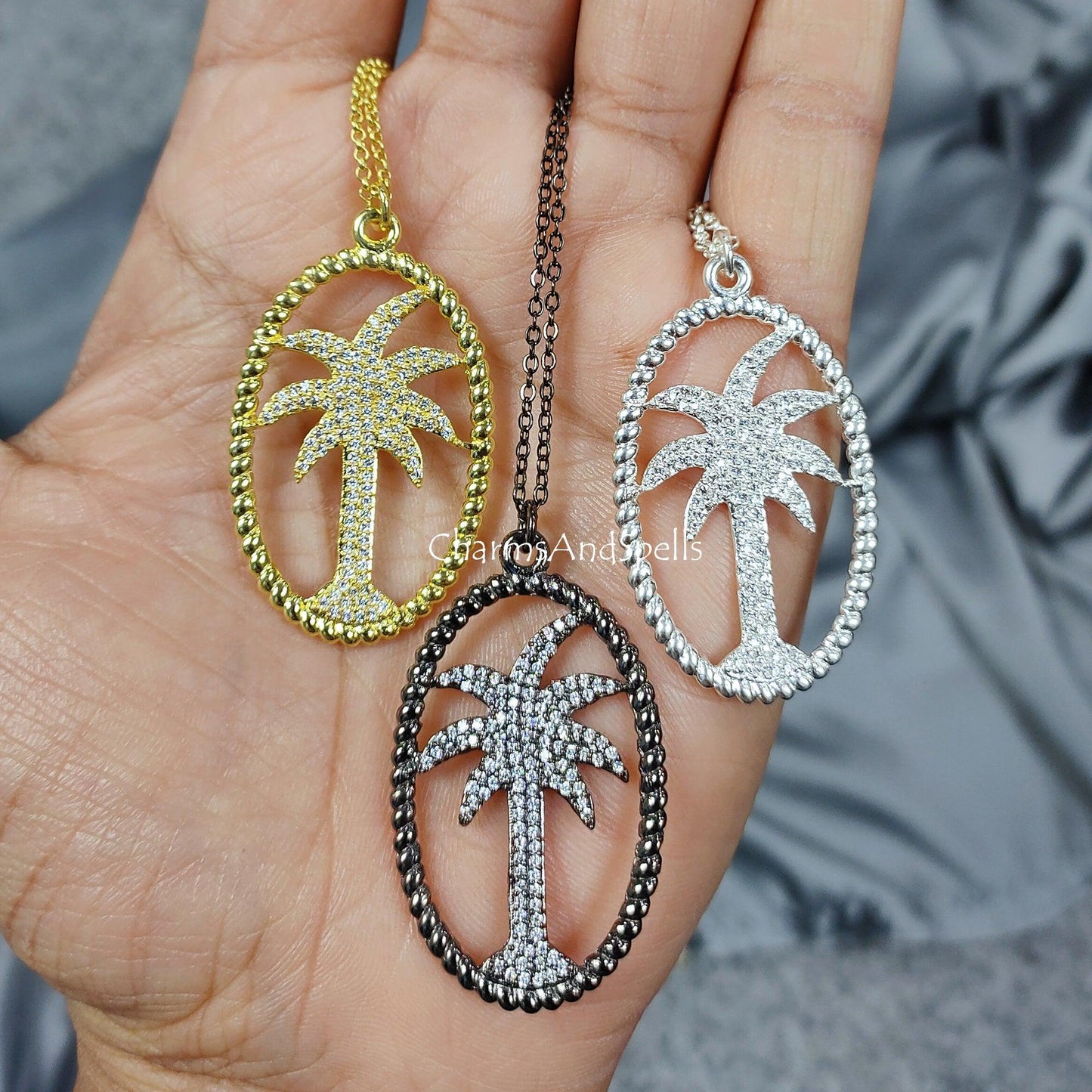 Unique Palm Tree CZ Necklace, Dainty Chain, Minimal Necklace, Palm Tree CZ Pendant, Palm Tree CZ Charm, Simple Necklace, Unique Gift For Her - Charms And Spells