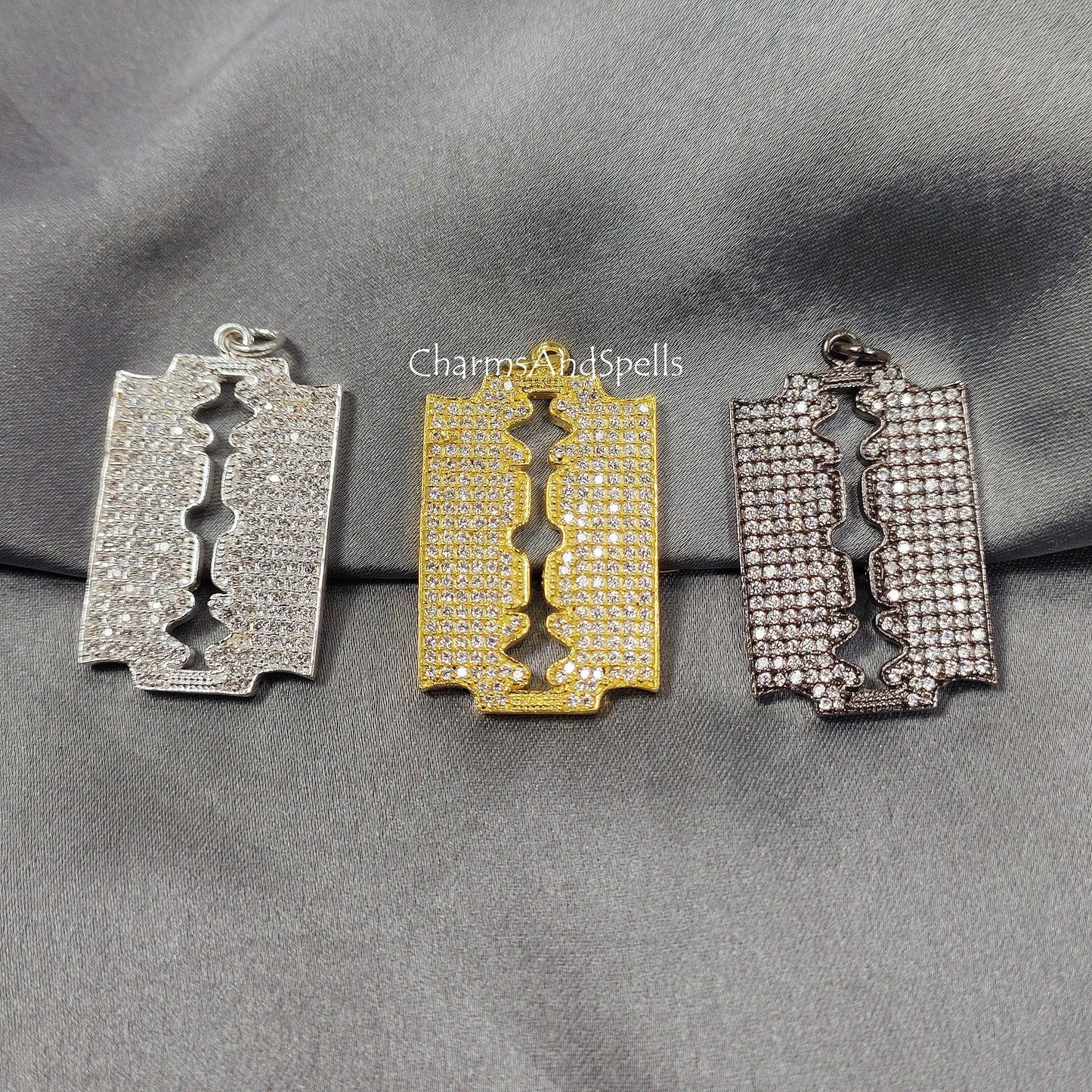 CZ Razor Blade Pendant, Baby Size Razor Blade CZ Pendant, Razor Blade Pendant Necklace, Pave CZ Designers Pendant Necklace, - Charms And Spells