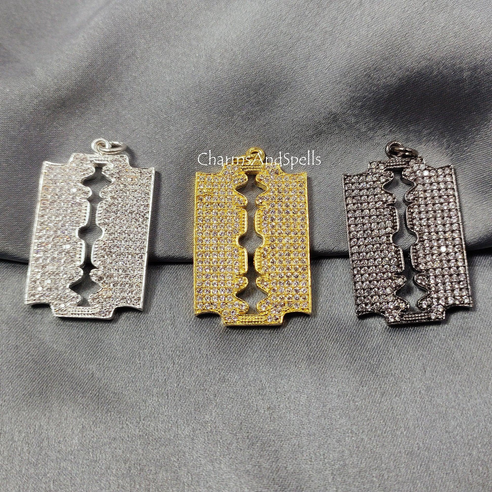 CZ Razor Blade Pendant, Baby Size Razor Blade CZ Pendant, Razor Blade Pendant Necklace, Pave CZ Designers Pendant Necklace, - Charms And Spells