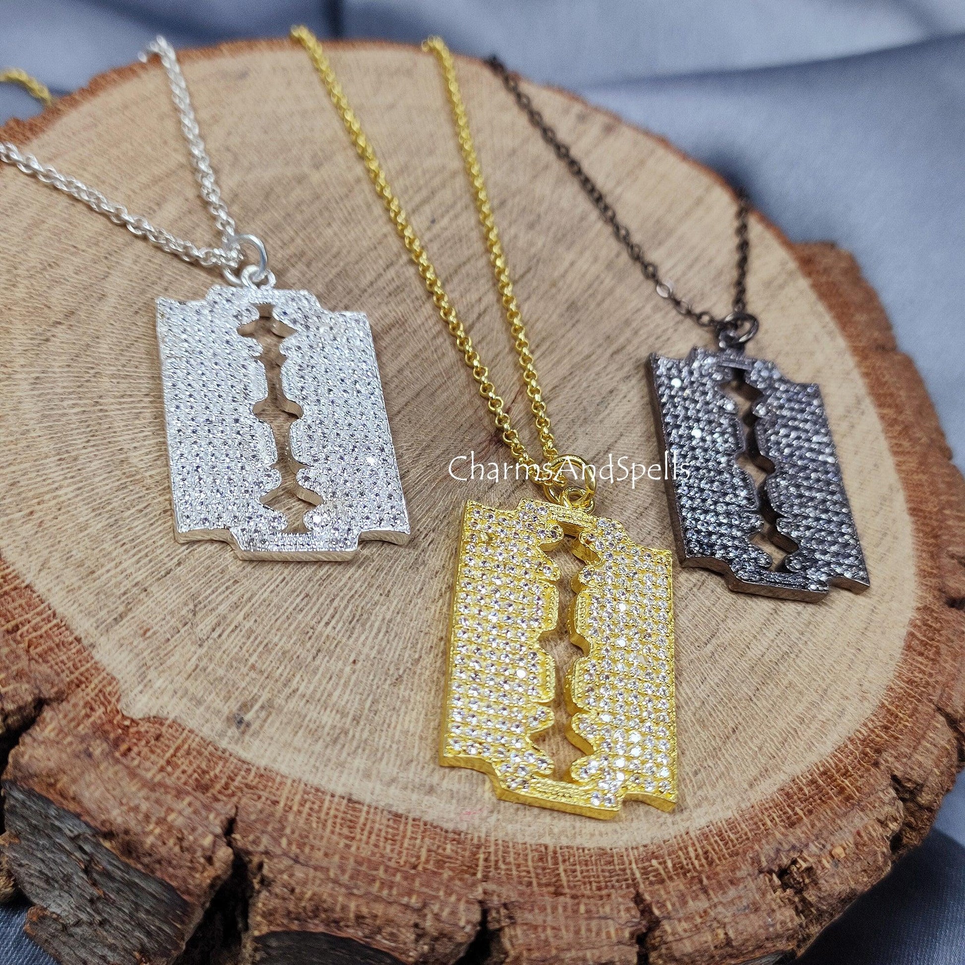 CZ Razor Blade Pendant, Baby Size Razor Blade CZ Pendant, Razor Blade Pendant Necklace, Pave CZ Designers Pendant Necklace, - Charms And Spells