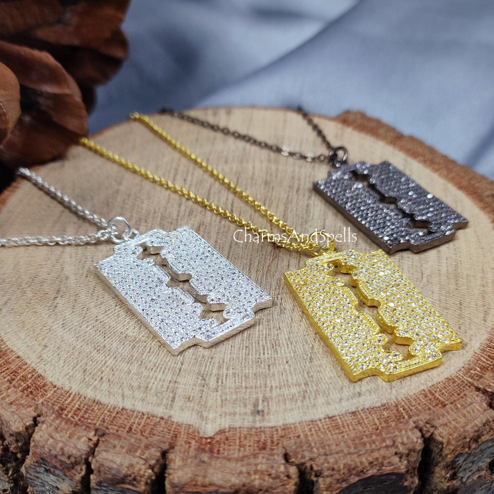 CZ Razor Blade Pendant, Baby Size Razor Blade CZ Pendant, Razor Blade Pendant Necklace, Pave CZ Designers Pendant Necklace, - Charms And Spells