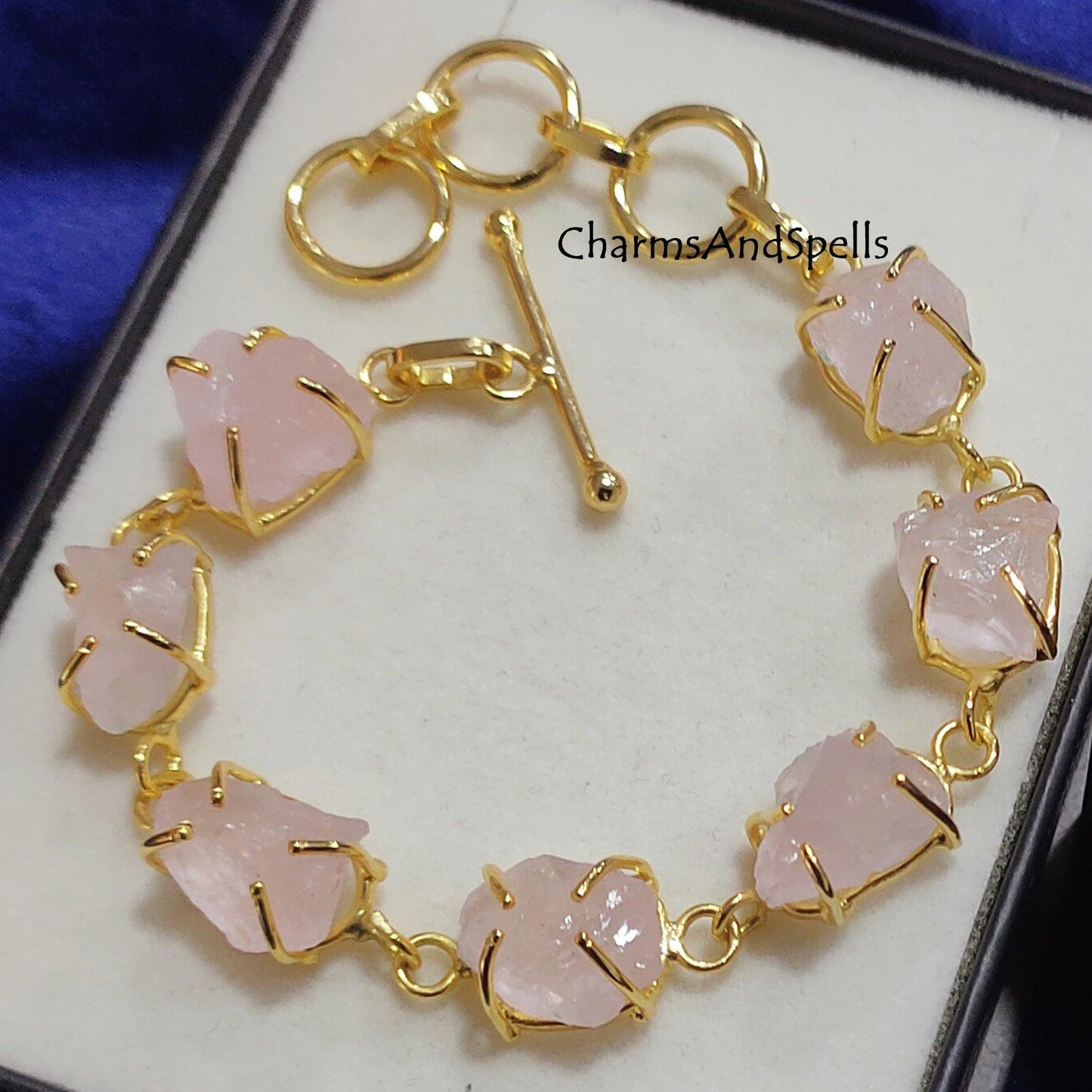 Natural Raw Rose Quartz Bracelet, Gold Plated Bracelet, Rose Quartz Rough Bracelet, Gift For Her, Raw Crystal Bracelet, Bracelet For Women - Charms And Spells