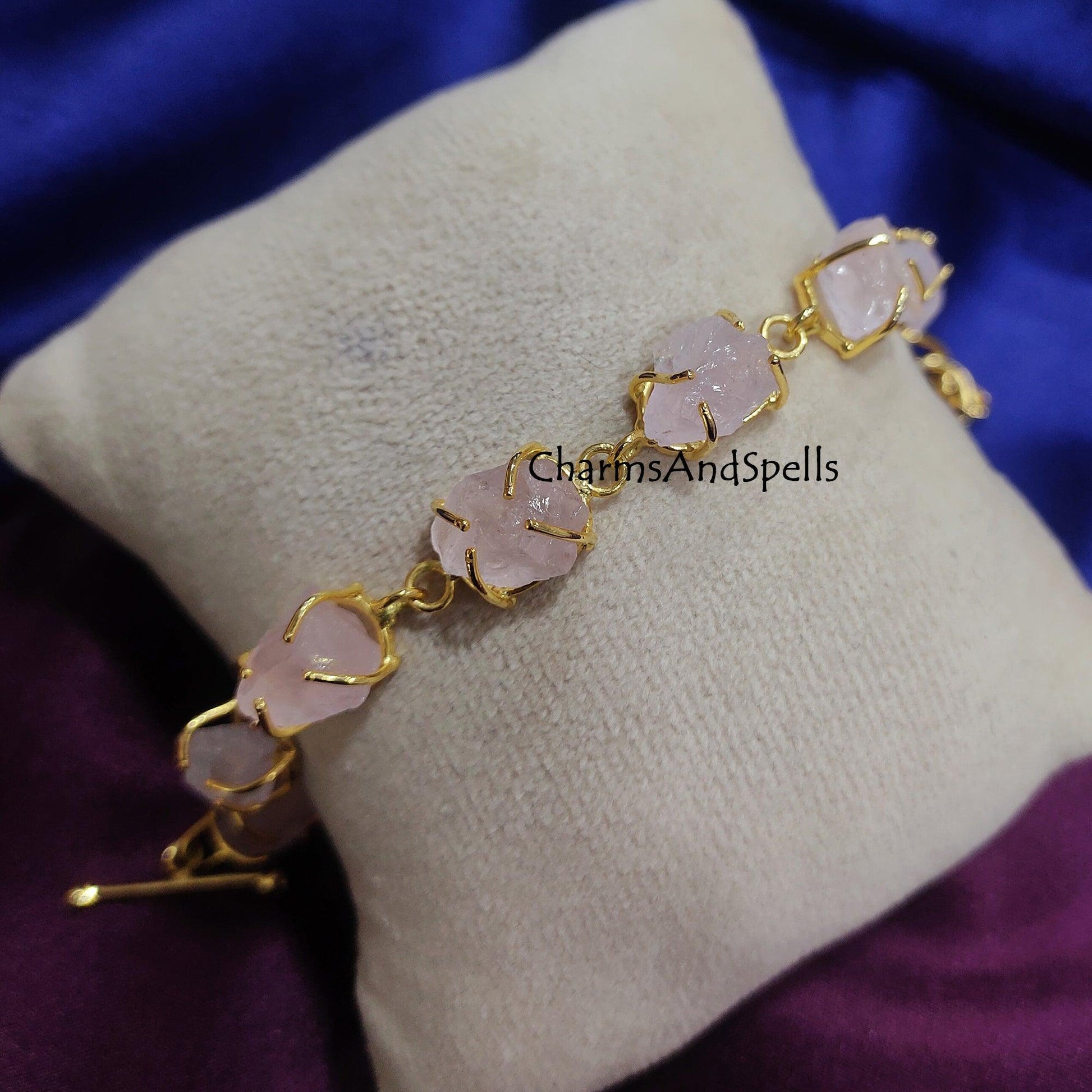 Natural Raw Rose Quartz Bracelet, Gold Plated Bracelet, Rose Quartz Rough Bracelet, Gift For Her, Raw Crystal Bracelet, Bracelet For Women - Charms And Spells