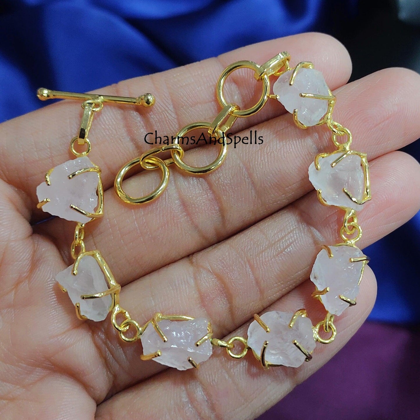 Natural Raw Rose Quartz Bracelet, Gold Plated Bracelet, Rose Quartz Rough Bracelet, Gift For Her, Raw Crystal Bracelet, Bracelet For Women - Charms And Spells