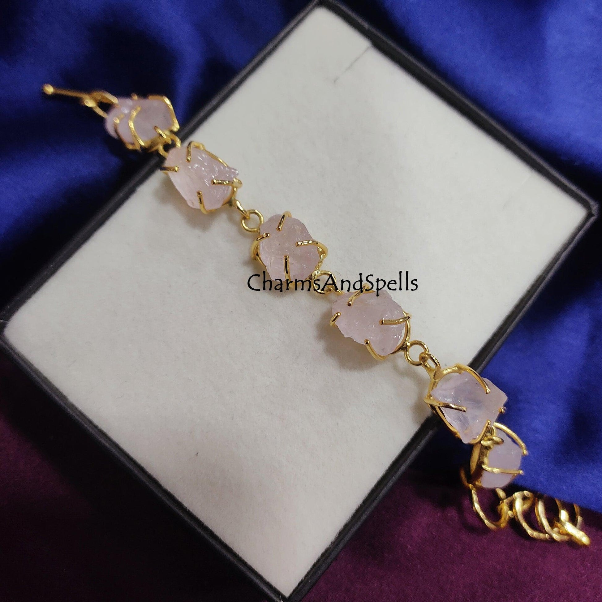 Natural Raw Rose Quartz Bracelet, Gold Plated Bracelet, Rose Quartz Rough Bracelet, Gift For Her, Raw Crystal Bracelet, Bracelet For Women - Charms And Spells