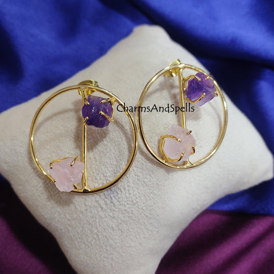 Natural Raw Amethyst Stud Earring, Raw Rose Quartz Stud Earring, Rough Gemstone Earring, Handmade Stud Earring, Boho Earring, Gift For Her - Charms And Spells