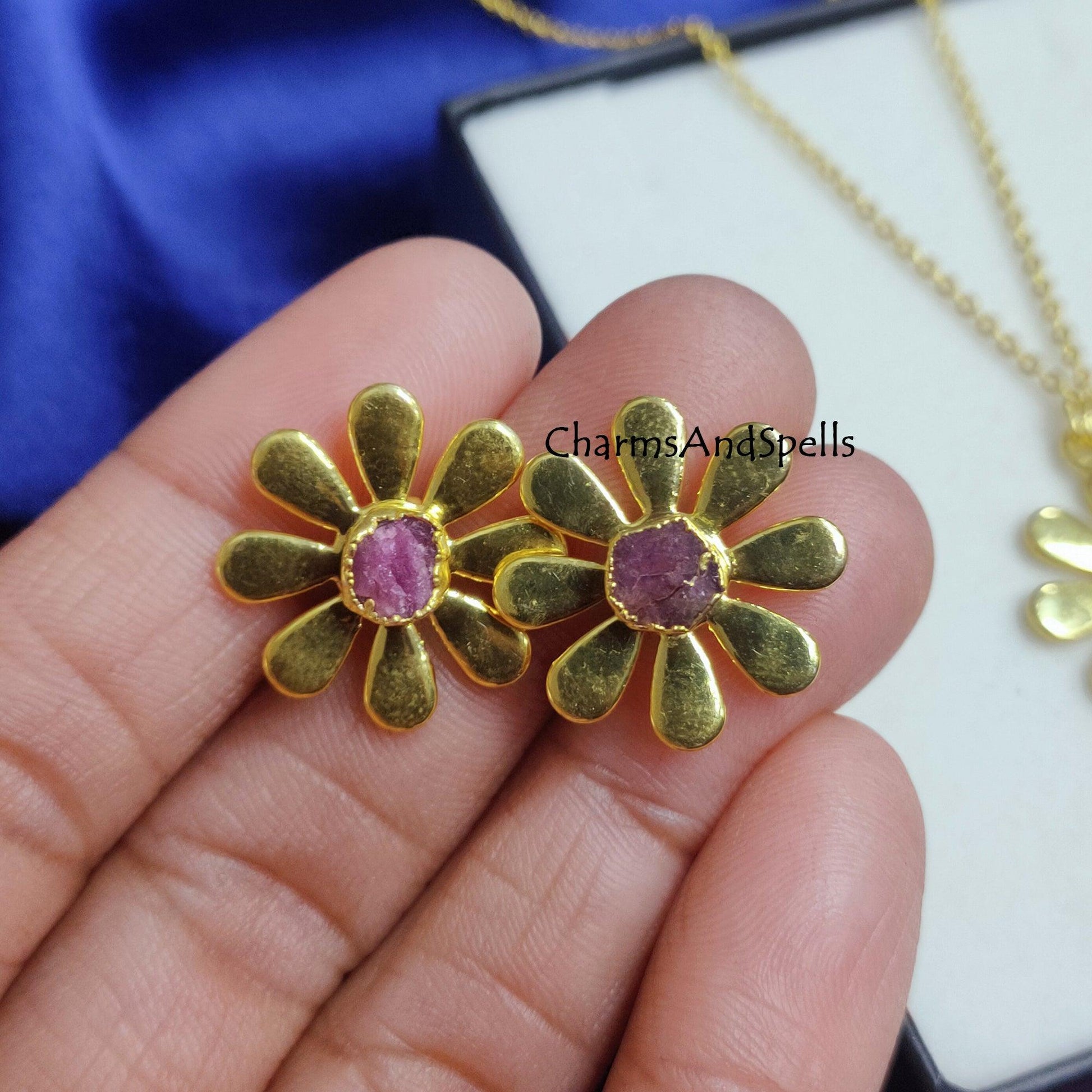 Natural Raw Ruby Flower Earring, Rough Ruby Necklace, Flower Design Earring Necklace Set, Gemstone Jewelry,Necklace Earring Set Jewelry Gift - Charms And Spells