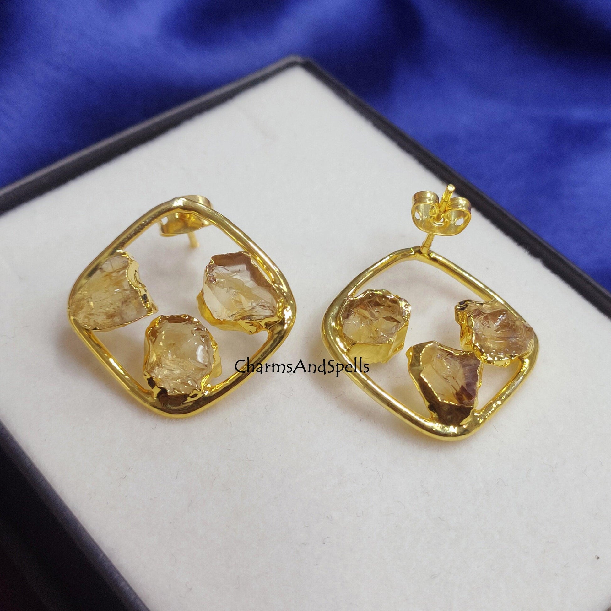 Natural Raw Citrine Earring, Dainty Citrine Jewelry, November Birthstone Earring, Gemstone Studs Earring, Raw Crystal Earrings, Gift For Her - Charms And Spells