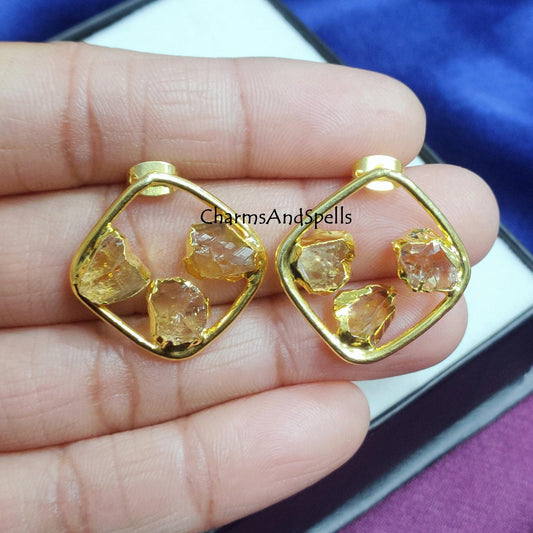 Natural Raw Citrine Earring, Dainty Citrine Jewelry, November Birthstone Earring, Gemstone Studs Earring, Raw Crystal Earrings, Gift For Her - Charms And Spells