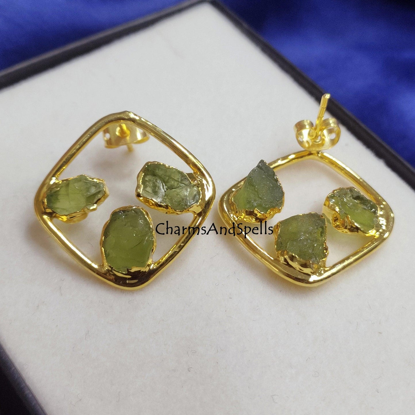 Natural Raw Peridot Earrings, Gold Plated Earrings, Peridot Jewelry, Raw Crystal Stud Earring, Gemstone Earrings, August Birthstone Earrings - Charms And Spells