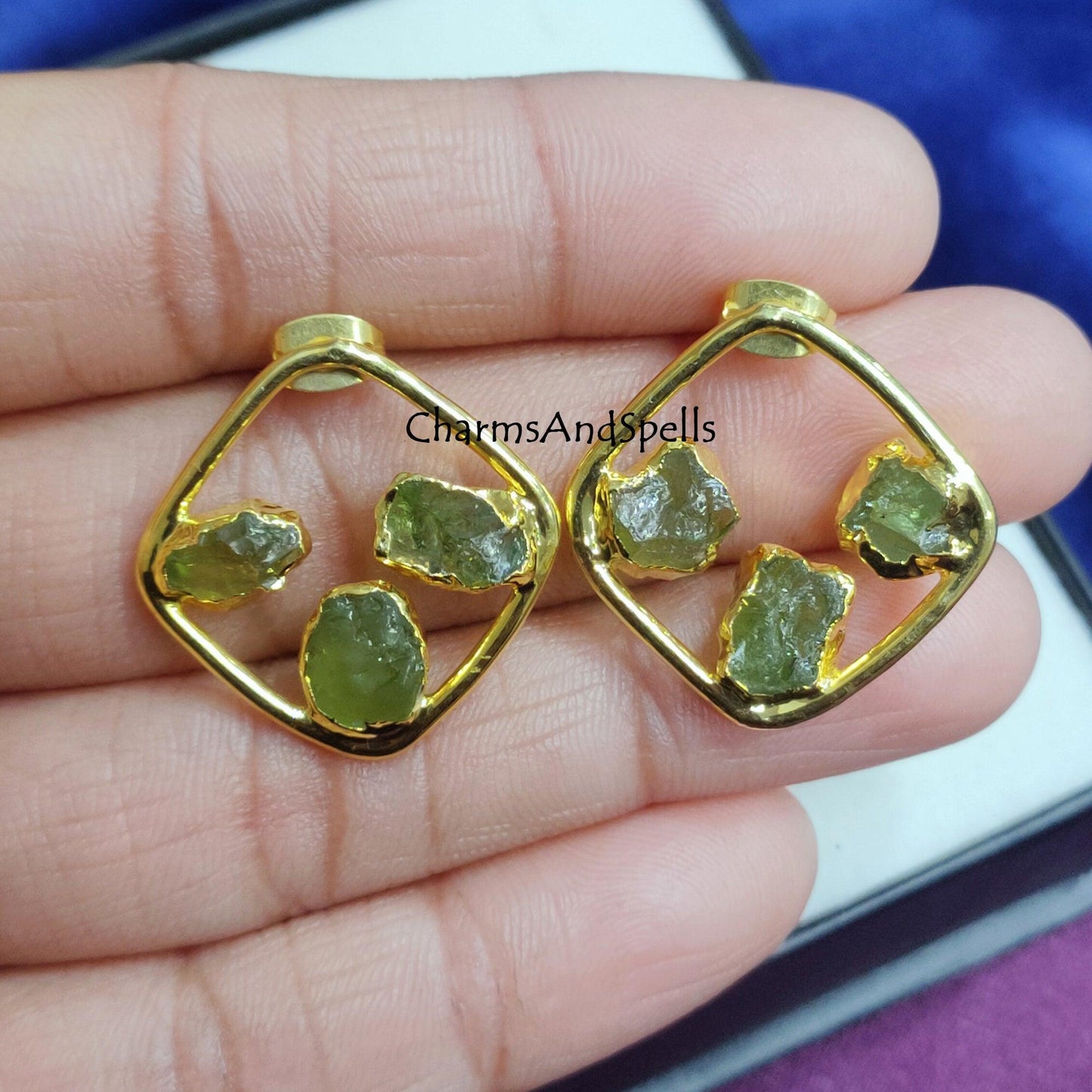 Natural Raw Peridot Earrings, Gold Plated Earrings, Peridot Jewelry, Raw Crystal Stud Earring, Gemstone Earrings, August Birthstone Earrings - Charms And Spells