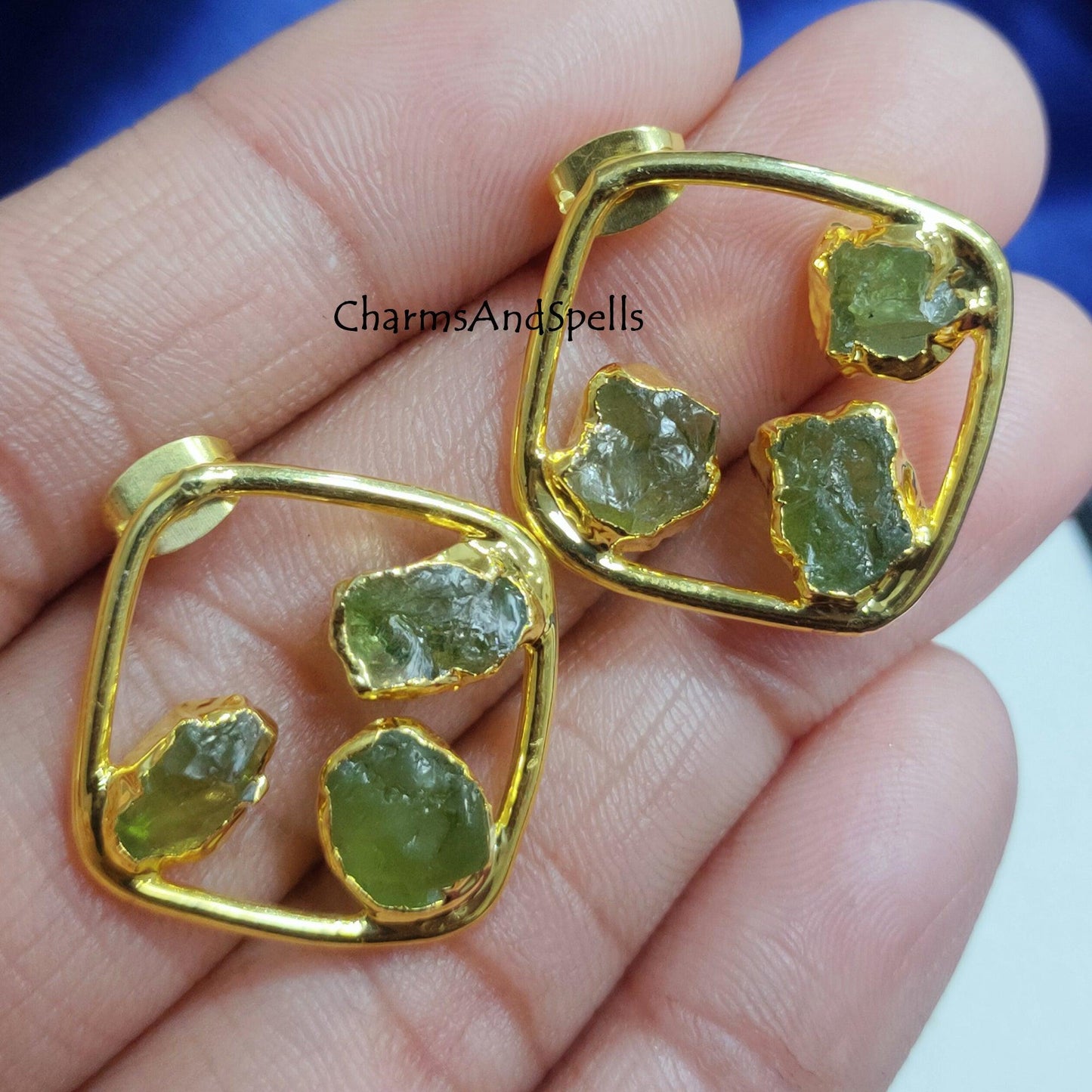 Natural Raw Peridot Earrings, Gold Plated Earrings, Peridot Jewelry, Raw Crystal Stud Earring, Gemstone Earrings, August Birthstone Earrings - Charms And Spells