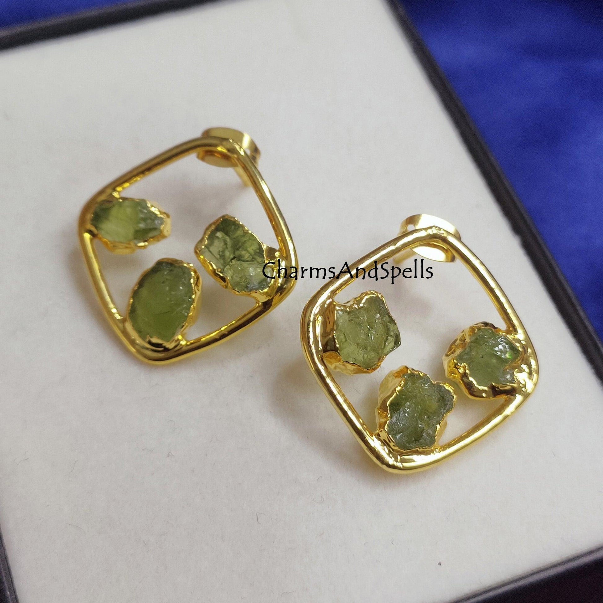 Natural Raw Peridot Earrings, Gold Plated Earrings, Peridot Jewelry, Raw Crystal Stud Earring, Gemstone Earrings, August Birthstone Earrings - Charms And Spells