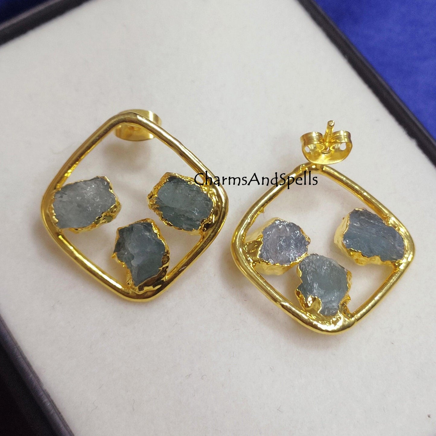 Natural Raw Aquamarine Earring, Gemstone Stud Earring, Raw Crystal Earring, Gold Plated Stud Earring, Gemstone Studs, Dainty Women Earrings - Charms And Spells